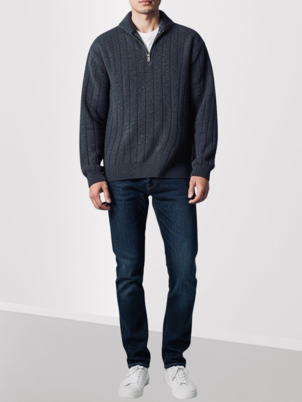 Oscar De La Renta Men’s Quarter-Zip Ribbed Pullover Sweater in Charcoal Gray XL